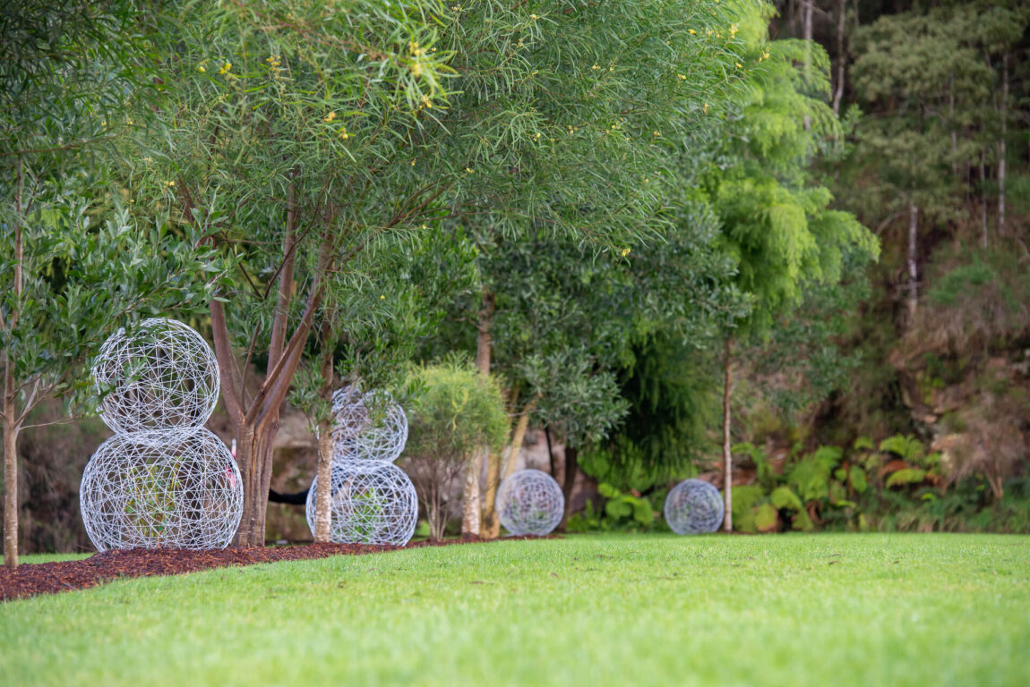 Wire sculptures places in the garden beds between native trees